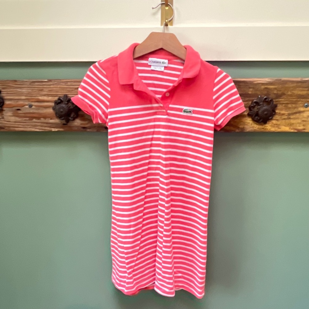 Lacoste Girls Pink White Striped Cotton Pique Polo Dress Size 8 Logo ShortSleeve